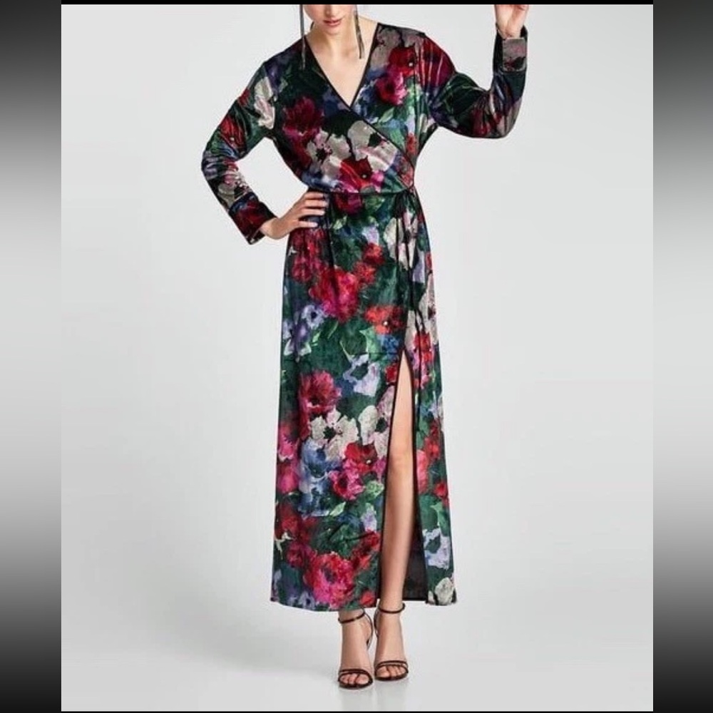 Zara Velvet Floral Kimono Wrap Maxi‎ Dress Blogger Favorite Wedding Festival Sml